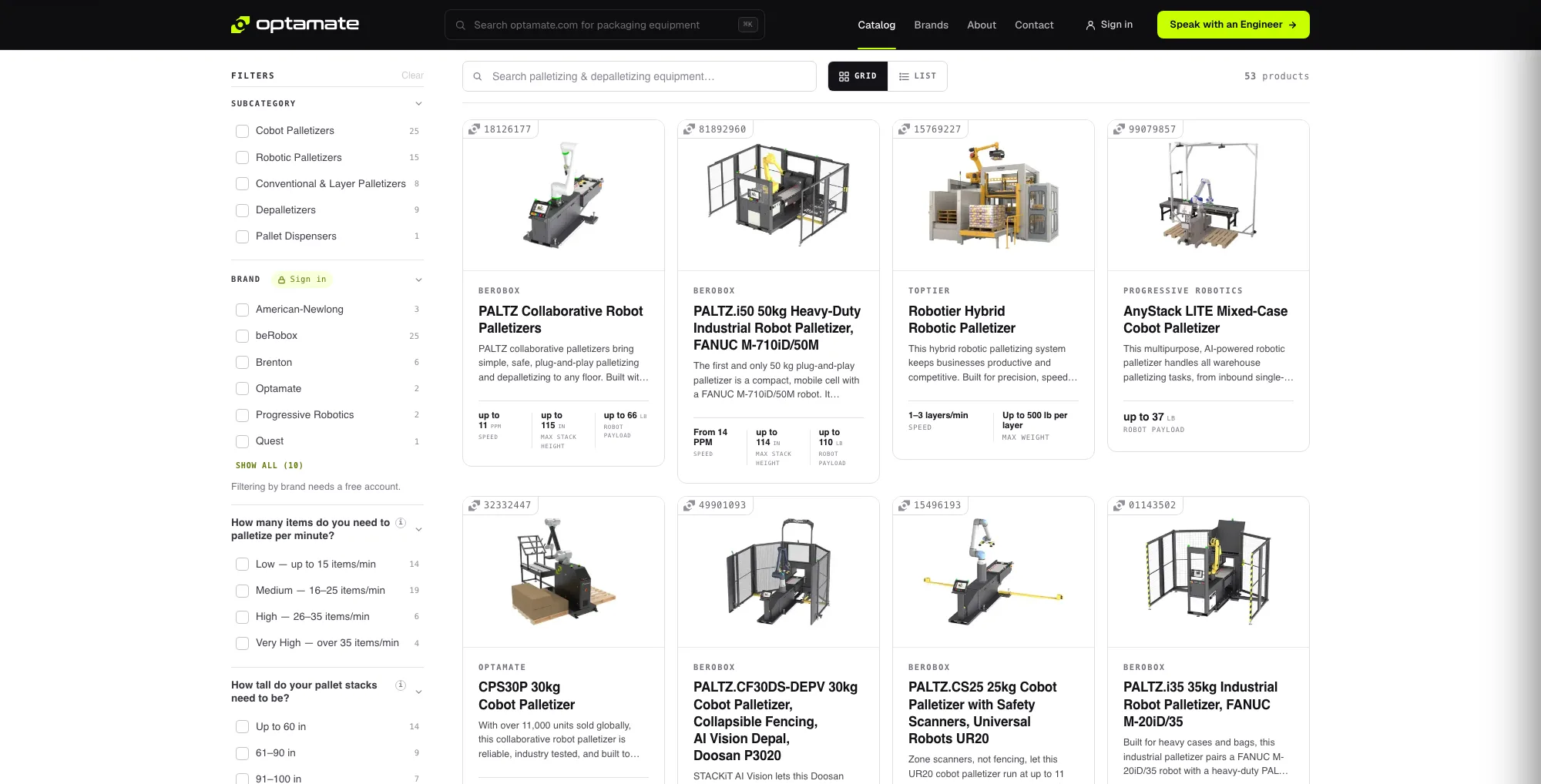 The Optamate equipment catalog: packaging machine categories with filters by line stage and machine listings